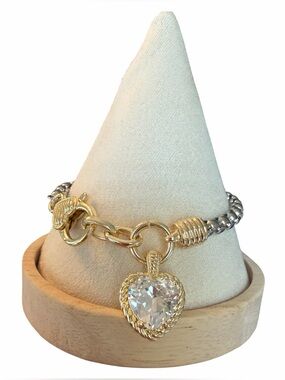 Rhodium Plated Gold and Silver Heart Charm Bracelet with Crystal Pendant
